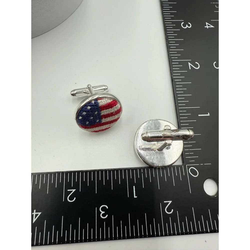 American Flag Needlepoint Cufflinks Silver Tone Patriotic USA Red White Blue